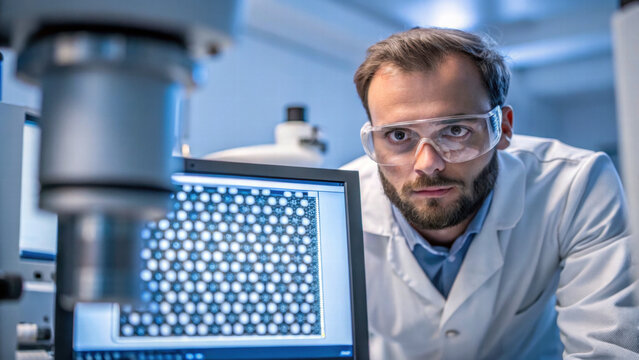 focused scientist examines samples microscope laboratory setting. STEM ( Science, Technology, Engineering, Mathematics )
