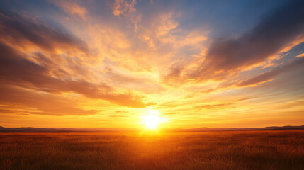 Fototapeta premium Golden sunset over vast field with dramatic clouds