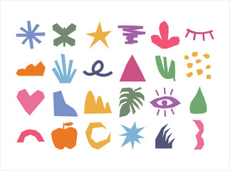 A colorful collage of various shapes and objects, including a heart, an apple