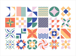 A colorful array of shapes and patterns, including squares, triangles