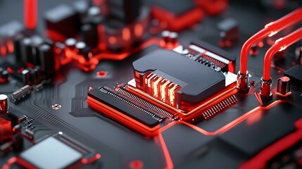 Close-up 3D Render of a Red and Black Circuit Board Processor AI Generated