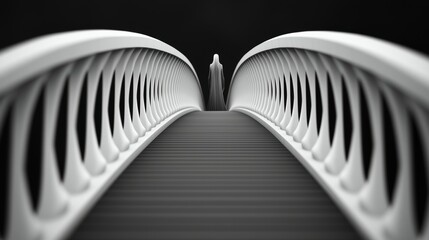 A striking white bridge curves gracefully towards a solitary figure in the distance, creating a sense of depth and intrigue against a dark background.