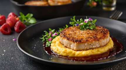Veal cutlet thinly pounded with delicate breadcrumb coating over creamy polenta with red wine reduction, garnished with microgreens and edible flowers on dark slate surface