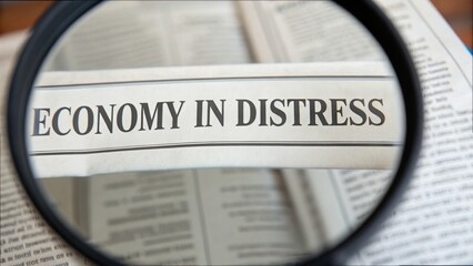 Economy in Distress: Newspaper Headline Under Magnifying Glass Focus