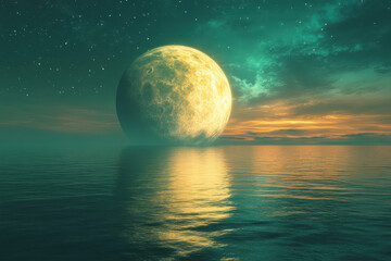 Moon looming over rich, dark ocean.