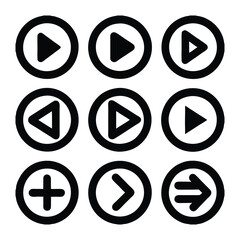 Black Circular Play and Arrow Button Icon Set – UI Navigation Symbols for Web, Apps, and Media Players