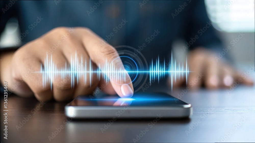 Poster Hand Using Voice Search on Smart Device with Sound Waves Effect
