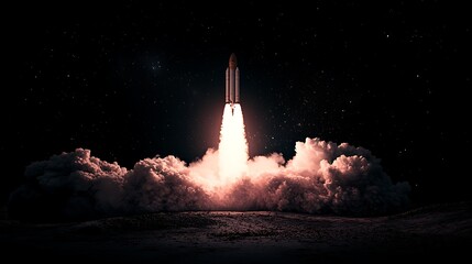 Rocket Launching into Space with Smoke Trail, A rocket launching into space with a trail of smoke against a dark sky