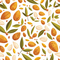 Realistic and artistic representations of almonds, almond farming, processing, and almond-based all isolated on a white background.