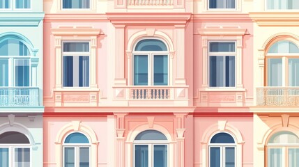 Fototapeta premium Building facade illustration with colorful pastel architectural details, backdrop