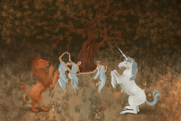Forest nymphs dance in a magical forest with mythical animals, a lion and a unicorn © Art_Dreamaginary