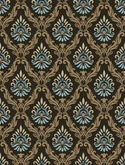 Diamond shaped ogee seamless pattern with brown frame and blue center motif for decorations, wallpaper, fabric prints, textile, wrapping paper, and other digital prints.