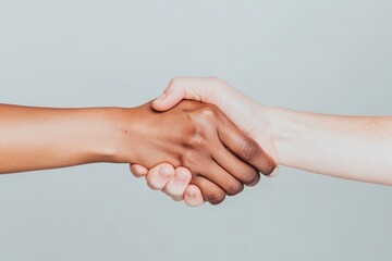 close-up photo depicts two diverse hands clasped in warm gesture of friendship and support