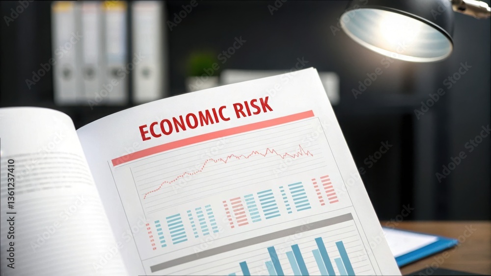 Poster economic risk analysis report with graphs and data insights
