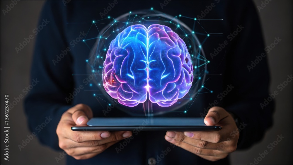 Poster stylized brain hologram with neural connections and gigapixel standard