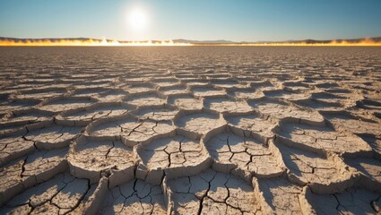Fototapeta premium Arid cracked landscape reflecting sunlight evokes drought conditions on barren earth