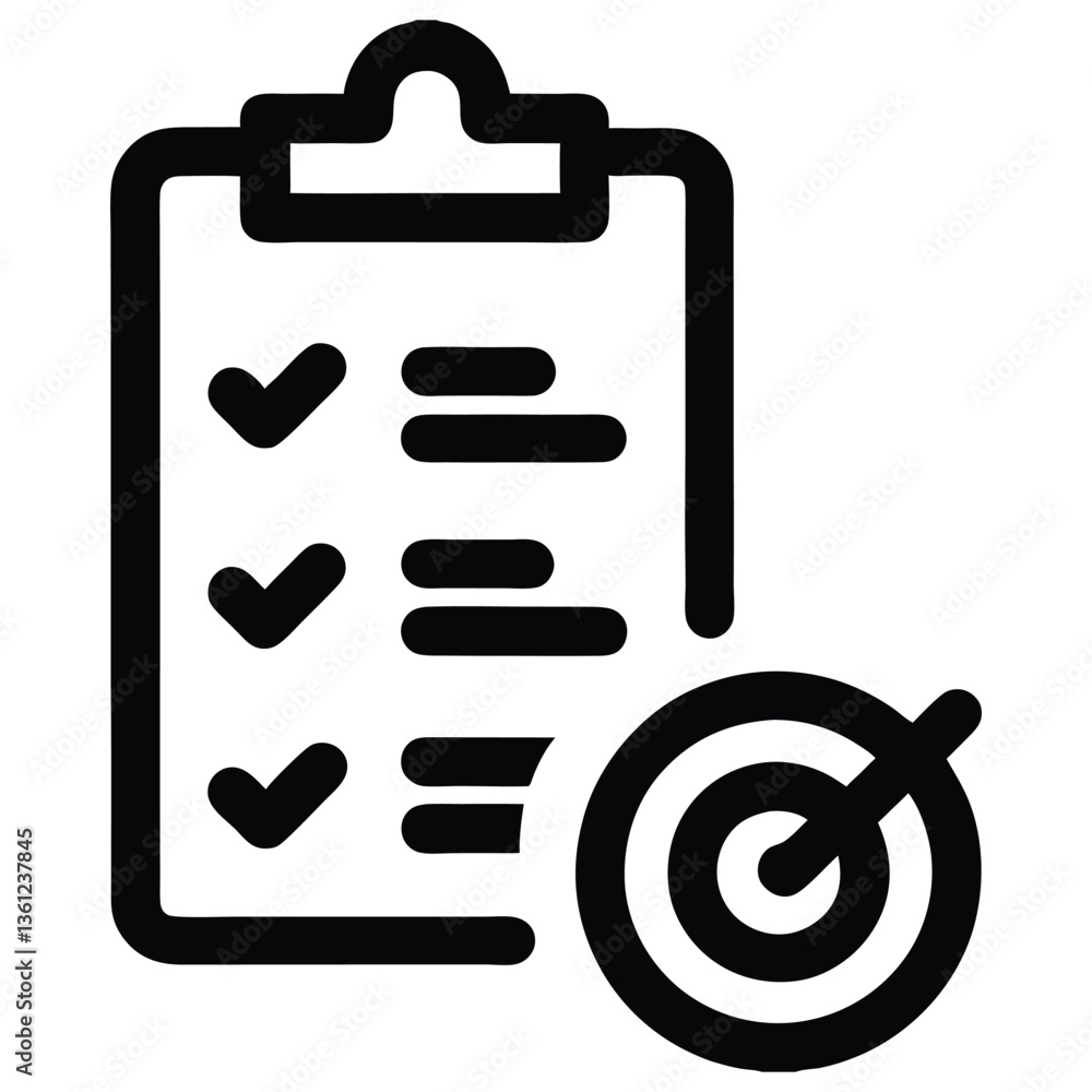 Poster black silhouette checklist icon – task clipboard with checkmarks and target for productivity goals