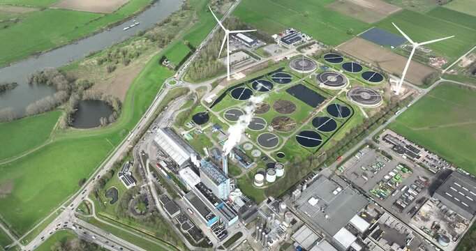 waste water treatment plant next to waste incineration plant, Duiven, The Netherlands. Aerial view.