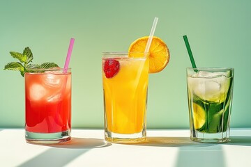 Three Refreshing Cocktails With Fruit Garnishes Displayed Against Green Background