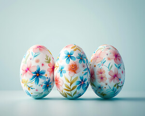 Fototapeta premium Pastel Easter Eggs with Floral Designs - 3D Rendered Minimalist Template for Spring Greeting Cards & Social Media Posts.Generative AI