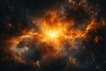 Obraz premium Bright orange nebula in black background, glowing vividly amidst the darkness, scattering tiny stars around in a mesmerizing cosmic display.