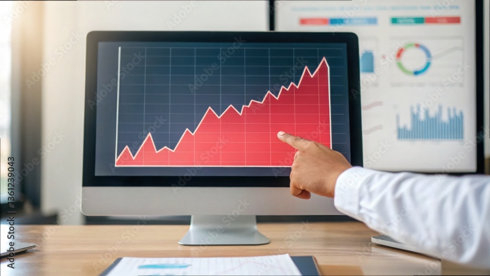 Poster analyst points at rising stock market graph on desktop computer