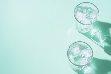Two glasses with ice cubes and shadows on a surface