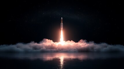 Rocket Launch Over Water at Night, A rocket launching into the night sky over a body of water