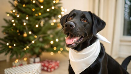 Close up of a happy dog wearing Blank white bandana mockup in Christmas setting background while facing camera.
