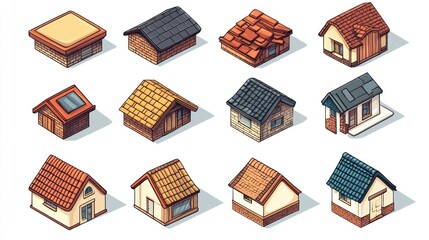 Isometric view of twelve different houses with different roofs, isolated on white