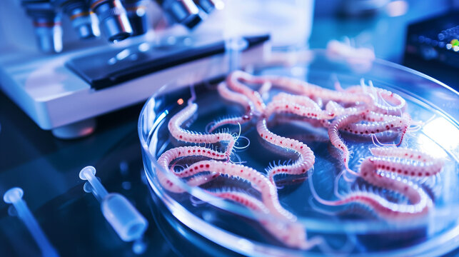 Microscopic view of parasitic worms in a petri dish, surrounded by lab equipment, symbolizing medical research and health concerns in scientific studies.