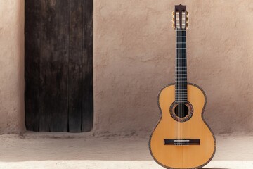 Obraz premium portrait of traditional mexican guitar with intricate carvings and colorful inlays leaning against aged wall with rustic