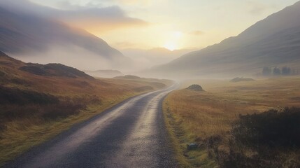 Fototapeta premium Scenic road disappearing into foggy mountains at golden hour sunrise