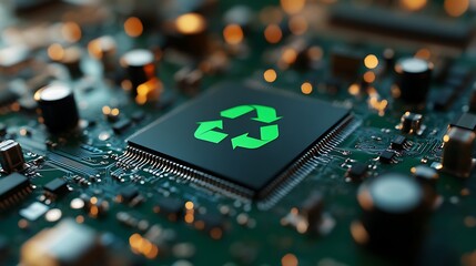 Green and silver digital circuit board with a green recycling symbol, representing environmental sustainability in technology