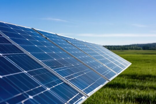 close-up shot of solar panel glistening in sunlight reflecting clear blue sky above symbolizing sustainable energy - Powered by Adobe