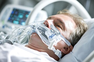 A man receiving respiratory assistance in a hospital bed
