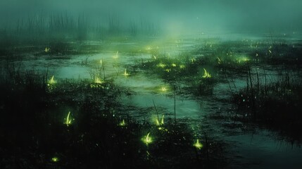 Obraz premium Eerie glow in the misty swamp, illuminated by bioluminescent flora