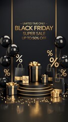 Luxurious Black Friday sale scene featuring dark matte background geometric patterns central circular podium, gold accents, elegant black gold balloons, premium shopping bags, stylish promotional text