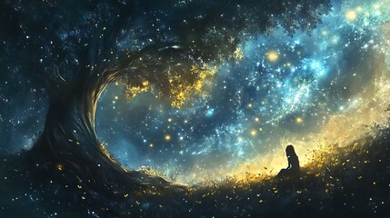 Obraz premium Solitary girl sits beneath a massive with luminous tree against a backdrop of a starry night sky for scene evokes a sense of magic tranquility concept.