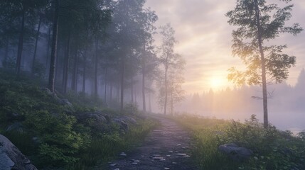 Ethereal woodland path at dawn, a tranquil landscape of misty forest