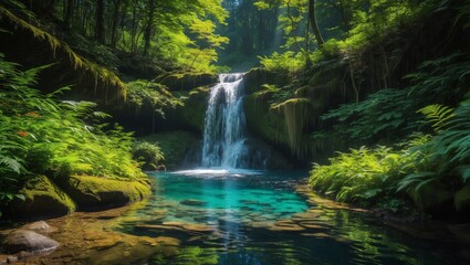 Naklejka premium Serene Waterfall Cascading into Crystal Clear Pool Surrounded by Lush Greenery