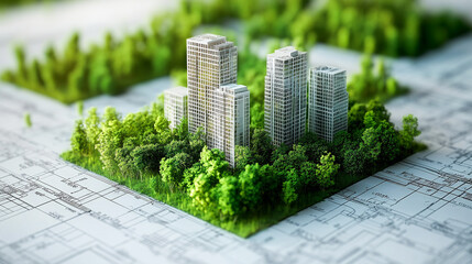 Sustainable green building practices in architectural blueprints ecofriendly construction planning digital concept illustration