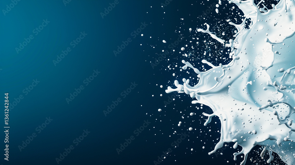 Poster Dynamic Fluid Splash: The photo captures the instant an elegant splash of liquid, showcasing fluid dynamics and textures on a teal background, conveying motion and energy.