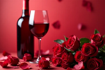 A romantic Valentine's Day scene featuring a bottle and glass of rich red wine alongside a passionate bouquet of deep crimson roses, set against a dramatic red backdrop.