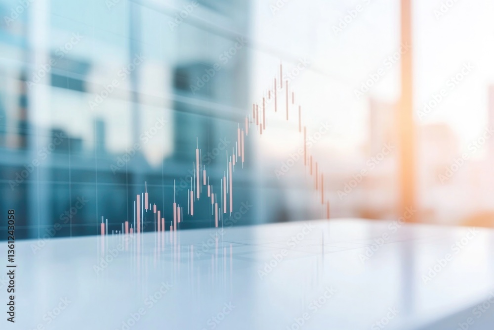 Poster neatly arranged financial graphs or charts on desk with soft morning light streaming through nearby 