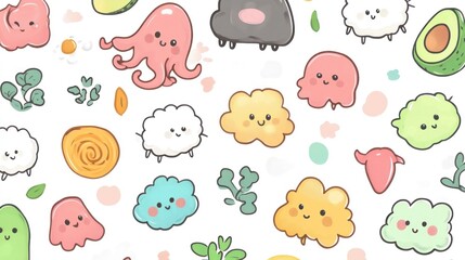 Fototapeta premium Cute food characters pattern, playful design, whimsical background, ideal for kids' products