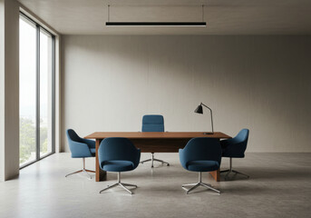 Table with blue chairs and lamp.