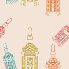 Editable Arab Lamps Vector Illustration in Outline Style With Various Colors as Seamless Pattern for Creating Background of Islamic Occasional Theme Such as Ramadan and Eid or Arab Culture