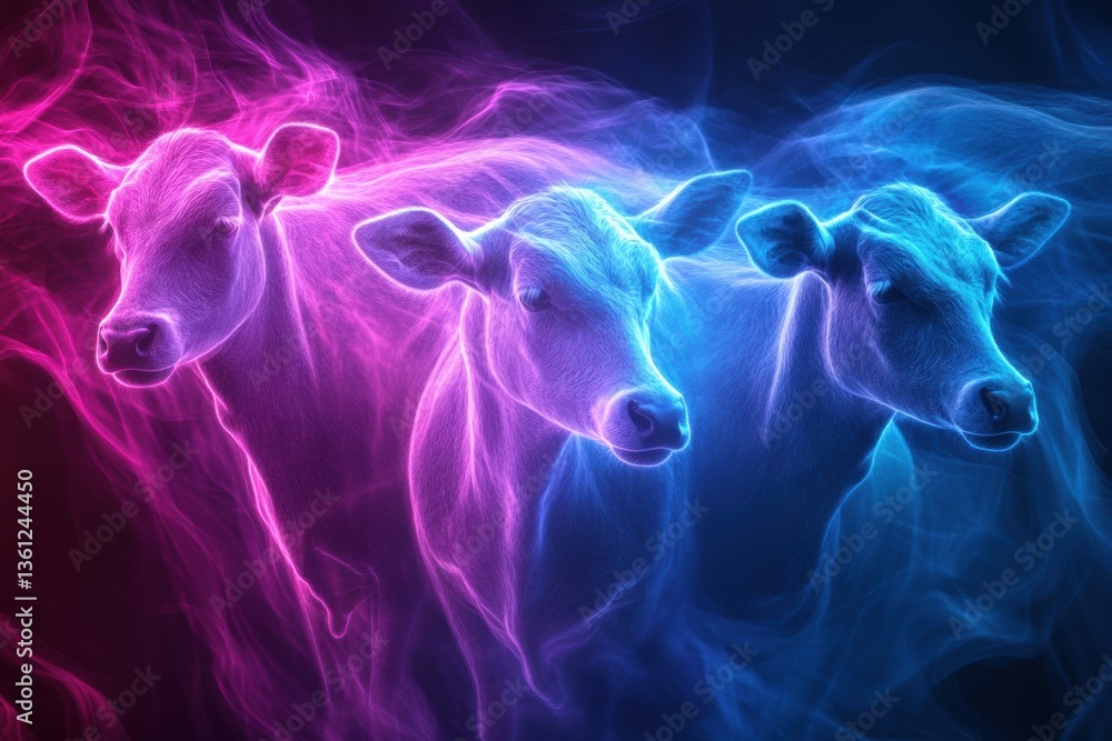 Fototapete Surreal abstract composition of glowing farm animals in a dreamlike atmosphere with smooth gradients and ethereal energy Generative AI