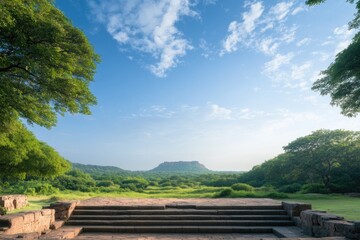 serene ancient ruin bathed in warm golden hour light surrounded by greenery and expansive blue sky offering sense of